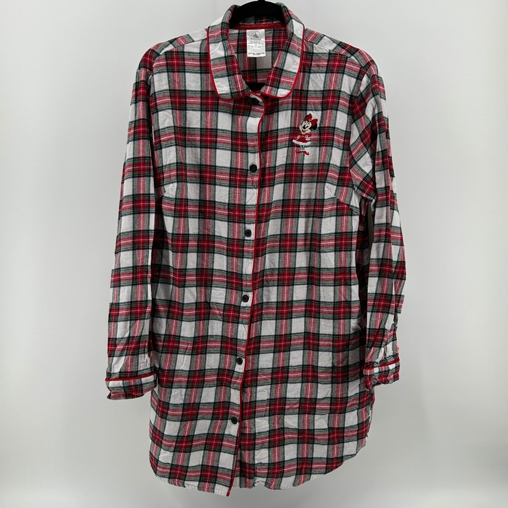 Disney Minnie Mouse Christmas Plaid Nightshirt L Cotton Flannel PJ Top Winter - Picture 1 of 9